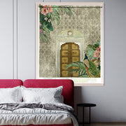 Indian blackout window blind with a carved brass haveli door, peacocks and tropical palm on a damask wall - Lolli & Omi